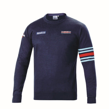 Sparco Martini Racing Crewneck Sweater front view, white background, showing chest logos and tri-stripe sleeve detail